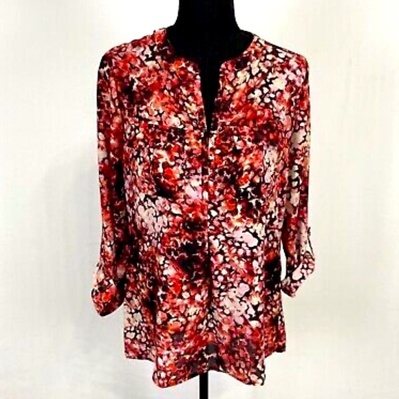 Notations red floral long sleeve bottom down blouse Size PS New with Tag - Picture 2 of 9